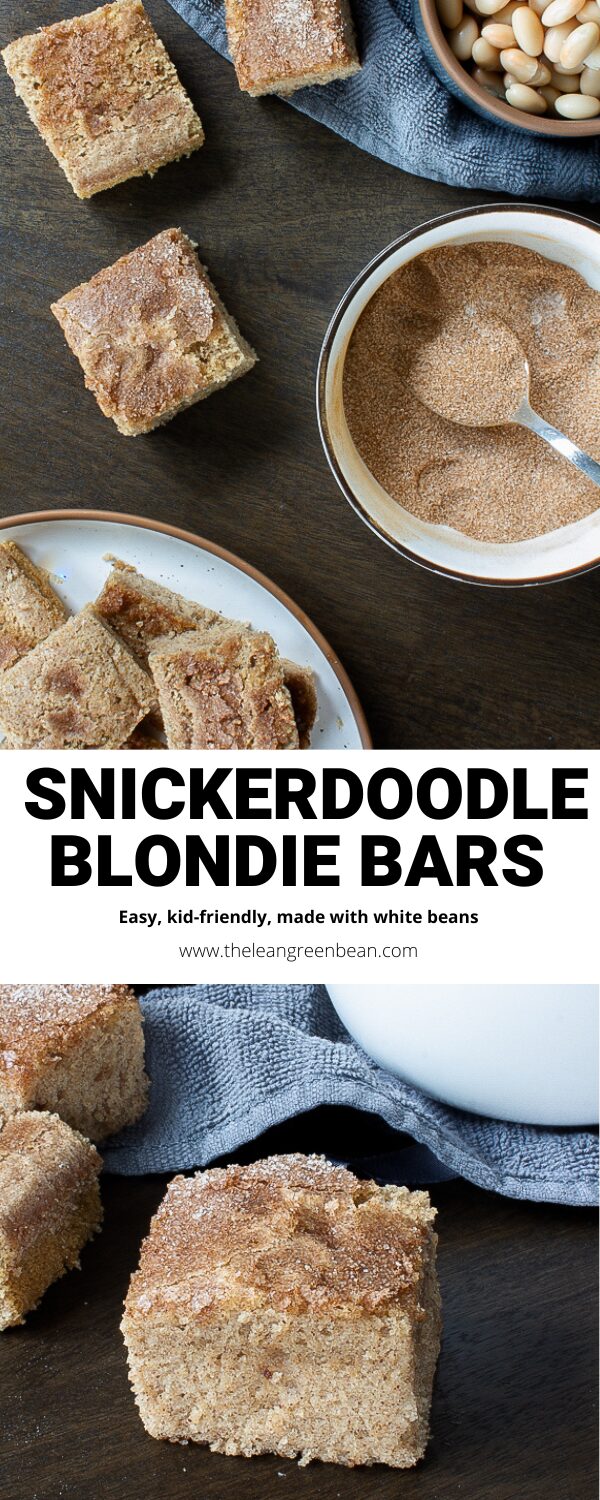 These Blondie Snickerdoodle Bars are packed with protein and fiber thanks to the addition of white beans but you'd never know it! A cross between coffee cake and blondies, they're perfect for breakfast, snack time or dessert!