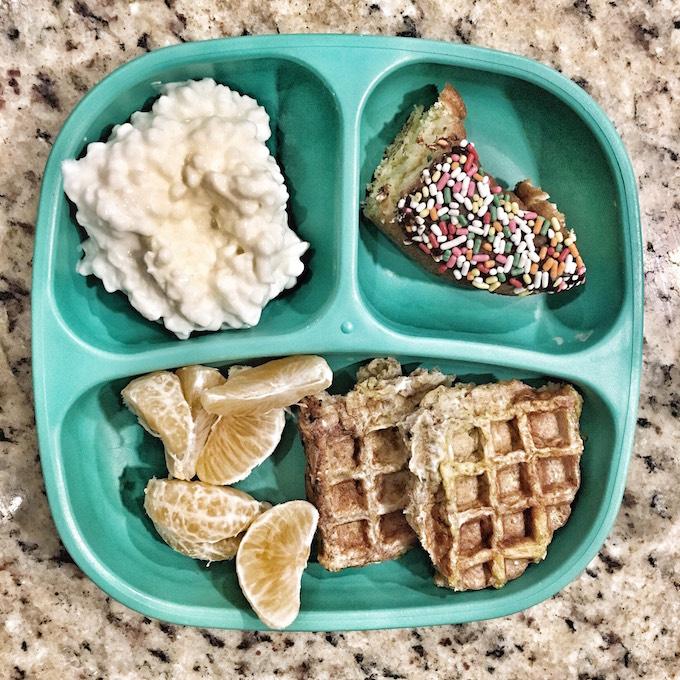 Why My Toddler Doesn't Always Eat What I Eat 7 toddler breakfast with waffles and donut