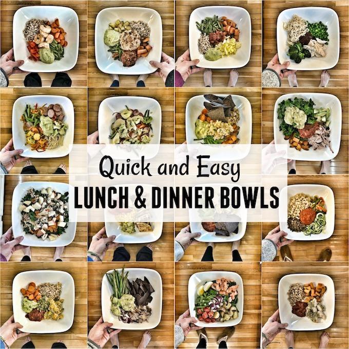 Easy Lunch Bowls 1 These easy lunch bowls also make quick, healthy options for dinner. They're simple, come together quickly and are packed with vegetables, lean proteins and healthy fats.
