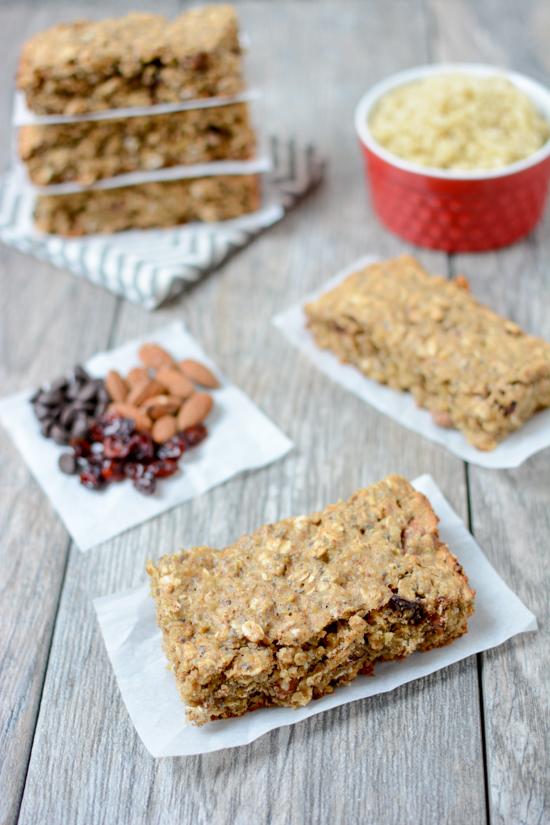 Quinoa Breakfast Bars 8 Packed with protein and healthy fats, this recipe for Quinoa Breakfast Bars is easy to prep ahead of time and makes the perfect grab and go breakfast on a busy morning.
