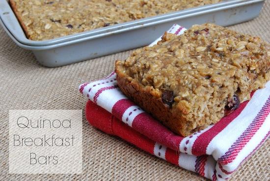 Quinoa Breakfast Bars 12 These Quinoa Breakfast Bars are the perfect on the go breakfast. Packed with protein and fiber, they'll keep you full all morning!