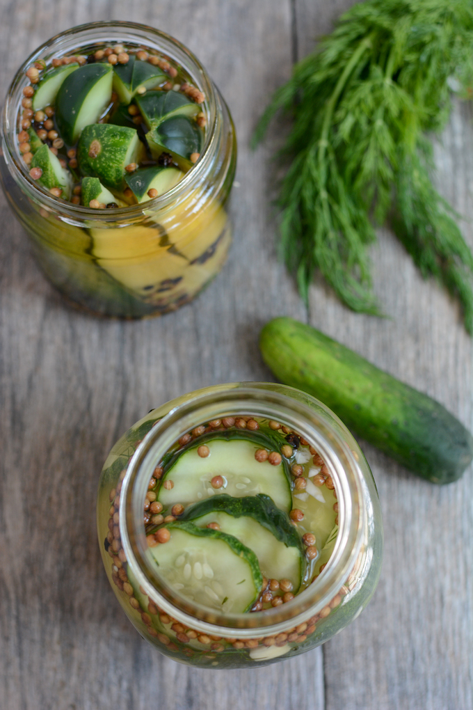 easy refrigerator pickles in a jar on a table